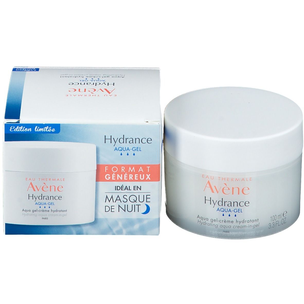 Produit et emballage. Pot blanc avec couvercle et carton. Inscription : Avène Hydrance Aqua-Gel.