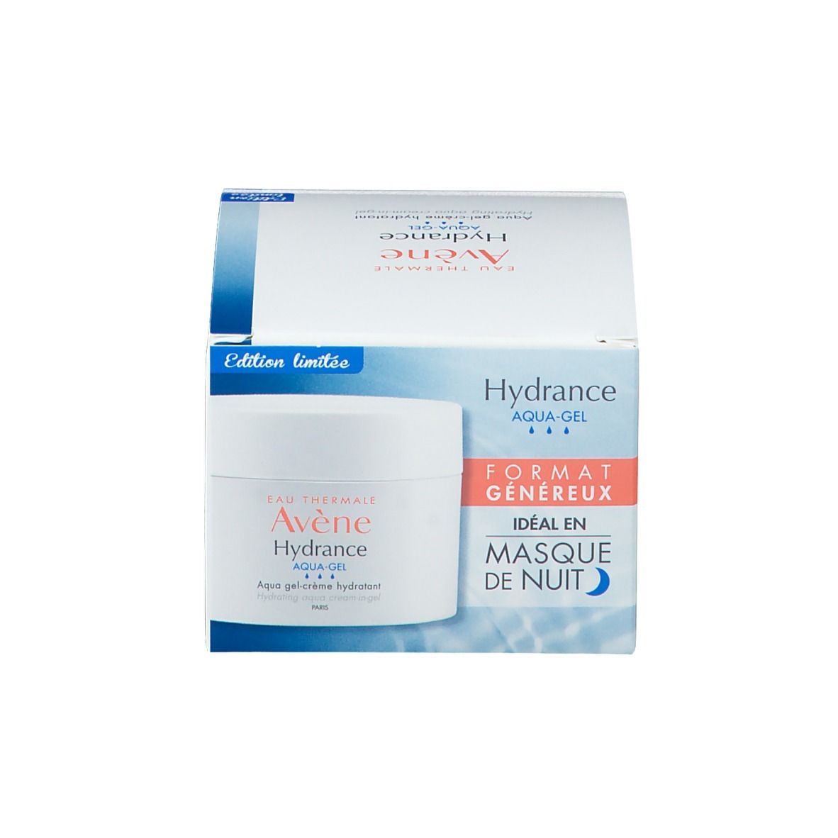 Produit et emballage. Pot blanc avec couvercle et carton. Inscription : Avène Hydrance Aqua-Gel.