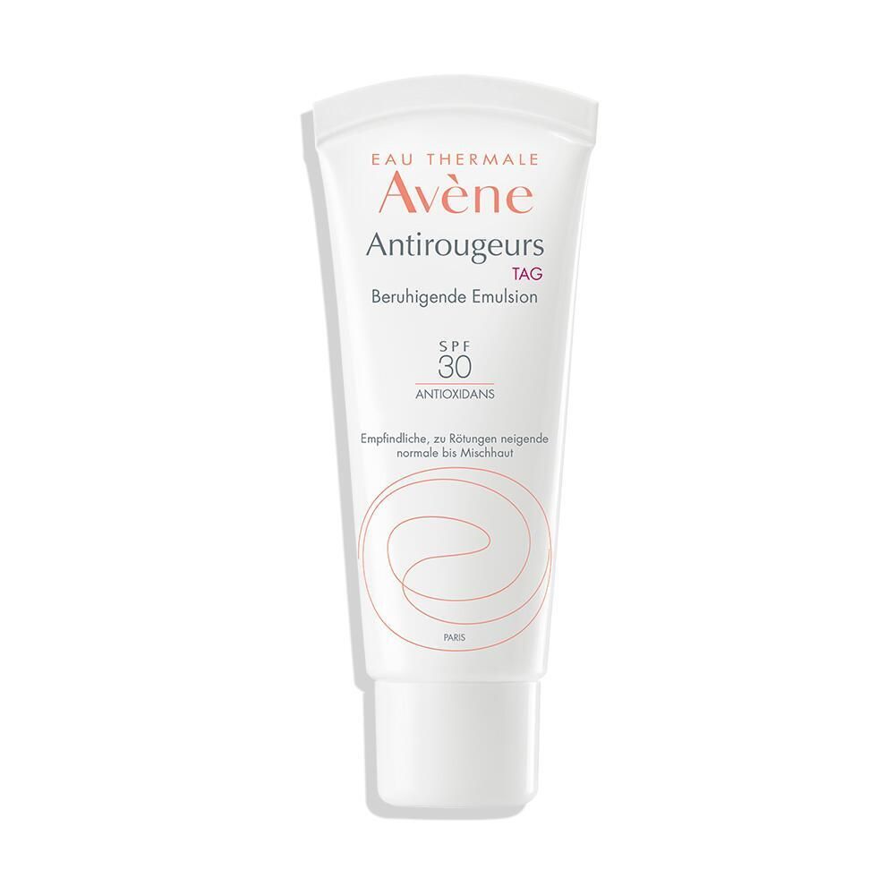 Weiße Tube mit Aufschrift "Avène Antirougeurs TAG". Enthält beruhigende Emulsion mit SPF 30. Für empfindliche, zu Rötungen neigende Haut.
