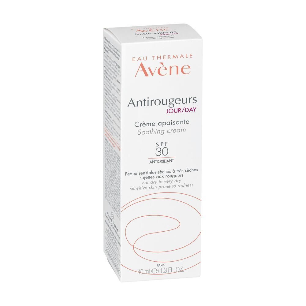Weiße Verpackung mit Avène Antirougeurs JOUR/DAY. Creme apaisante, SPF 30. Für trockene, sehr trockene Haut.