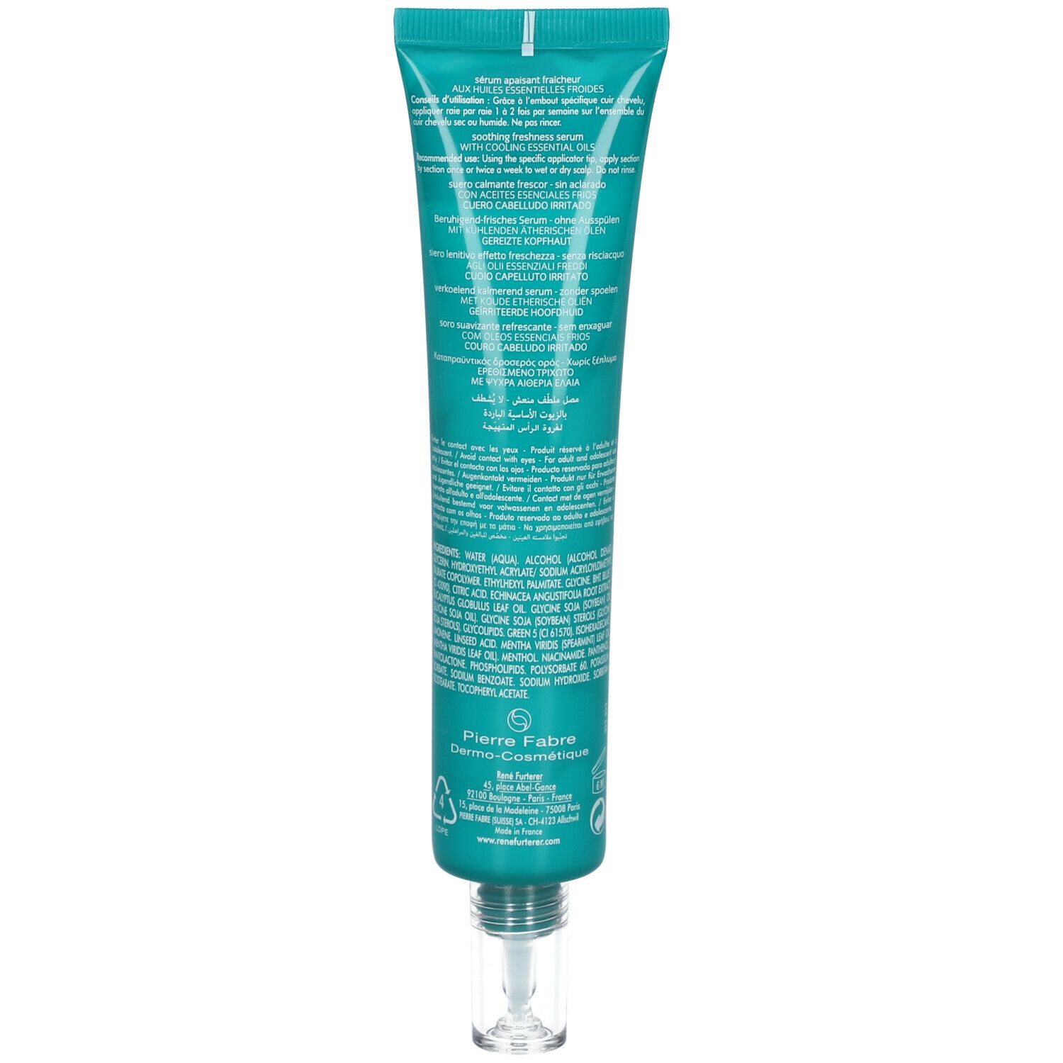 Dos du tube turquoise. Texte multilingue. Logo du fabricant Pierre Fabre.