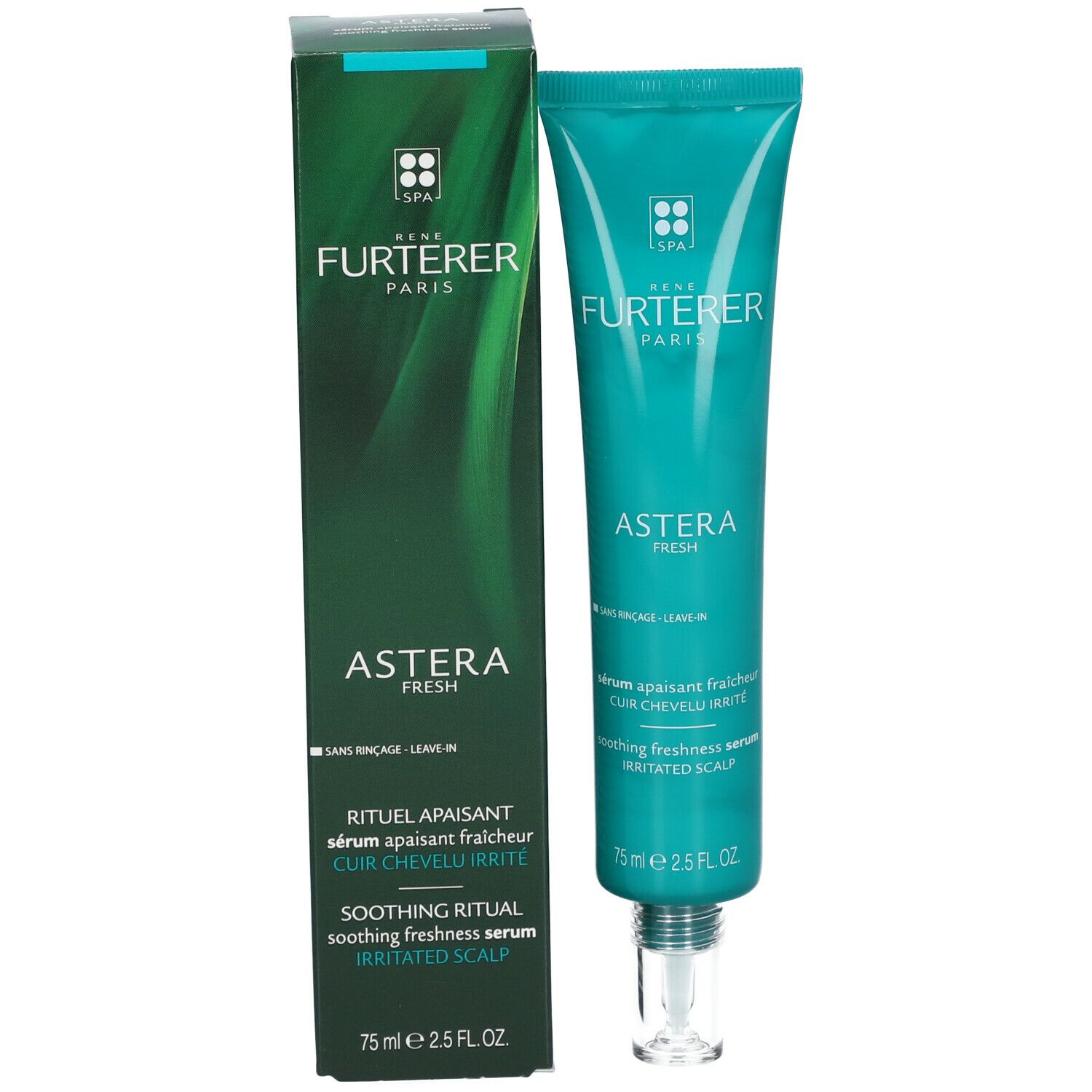 Emballage du produit. Tube turquoise et boîte verte. Inscription : René Furterer, Astera Fresh, sérum fraîcheur apaisant.