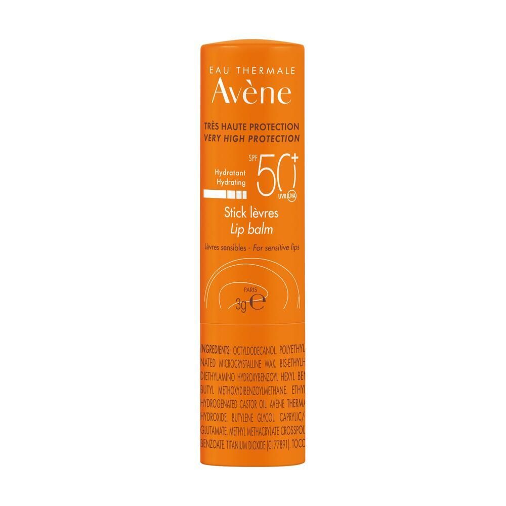 Orangener Lippenpflegestift mit weißer Schrift. Aufschrift: Avène, SPF 50+, Stick lèvres, 3g.