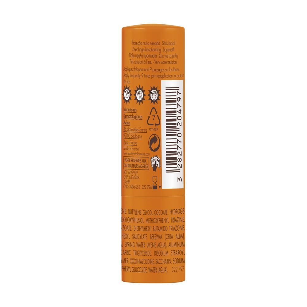 Rückseite eines orangenen Lippenpflegestifts. Text und Barcode. Herstellerinformationen.