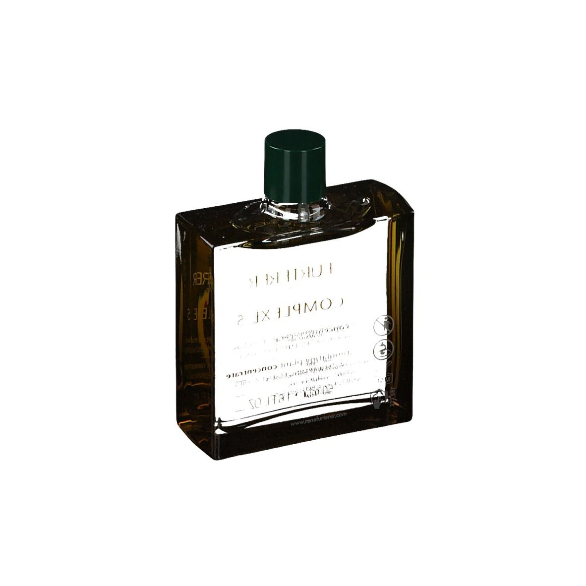 Flacon en verre brun foncé, bouchon vert. Étiquette: COMPLEXE 5, 50 ml.