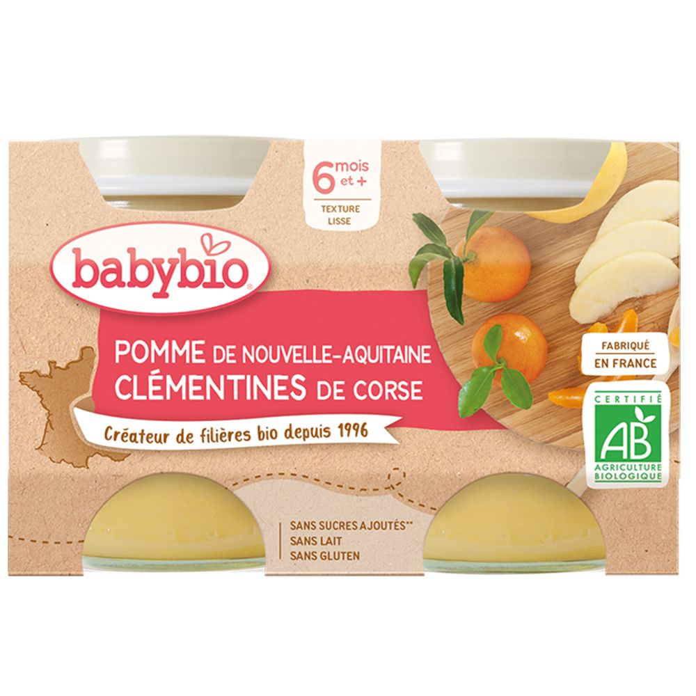 Babybio, compote pomme et clémentines. 6+ mois. Emballage carton avec 4 pots. Certification bio.