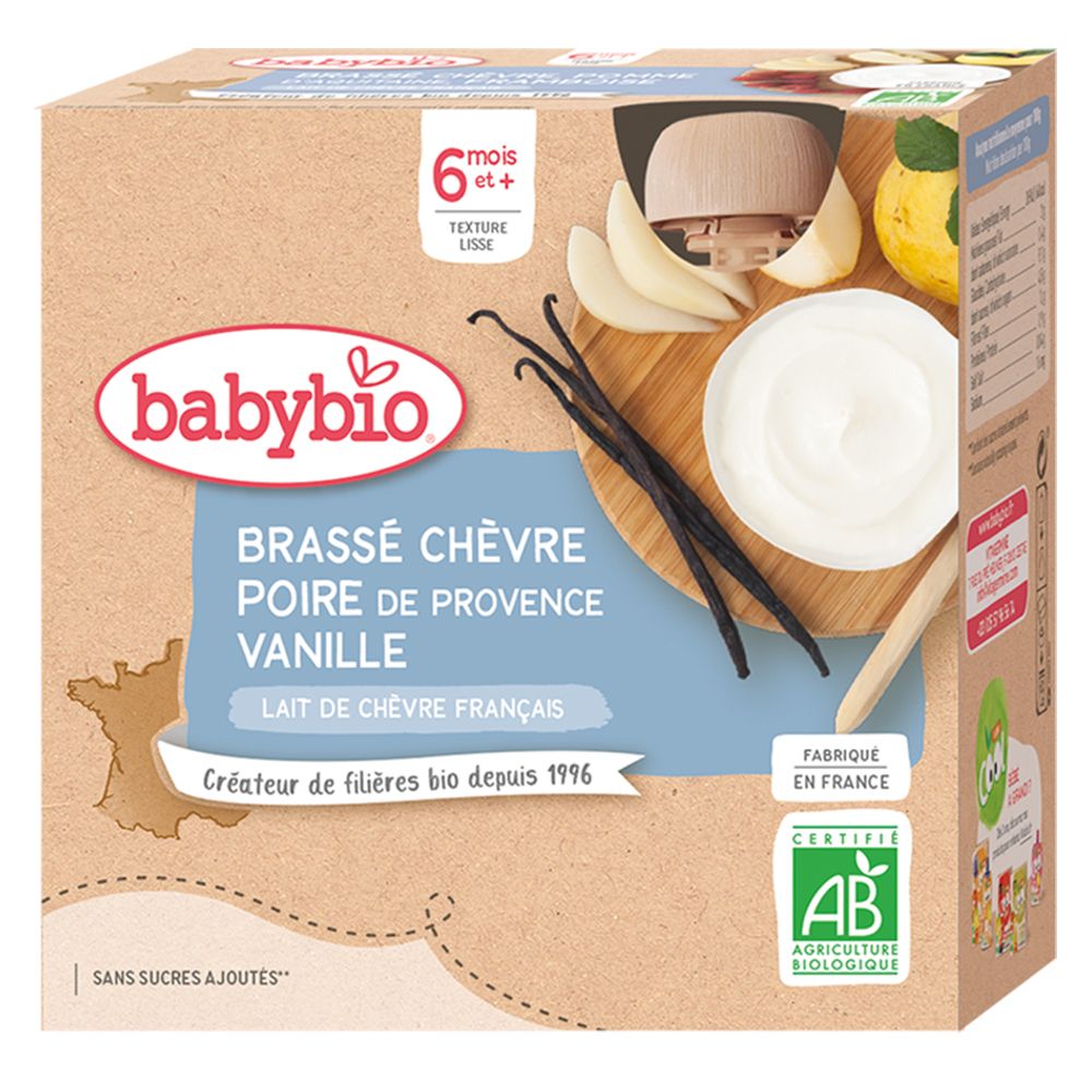 Boîte Babybio BRASSÉ CHÈVRE POIRE DE PROVENCE VANILLE. Contient gousse de vanille, poire, fromage de chèvre et certification AB.