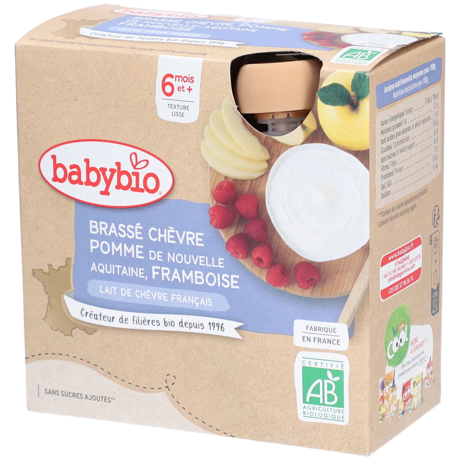 Boîte Babybio. BRASSÉ CHÈVRE POMME DE NOUVELLE-AQUITAINE FRAMBOISE. Certification AB. 6+ mois. Texture lisse. Illustration de fruits.