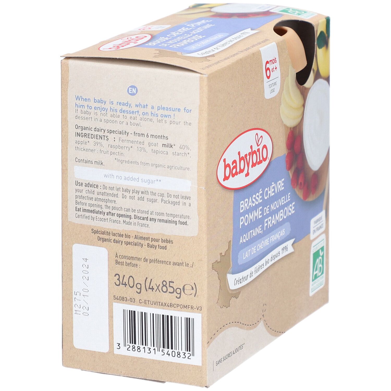 Boîte Babybio. Ingrédients, conseils d'utilisation. 340g (4x85g). À consommer de préférence avant 10/2024. Logo AB.