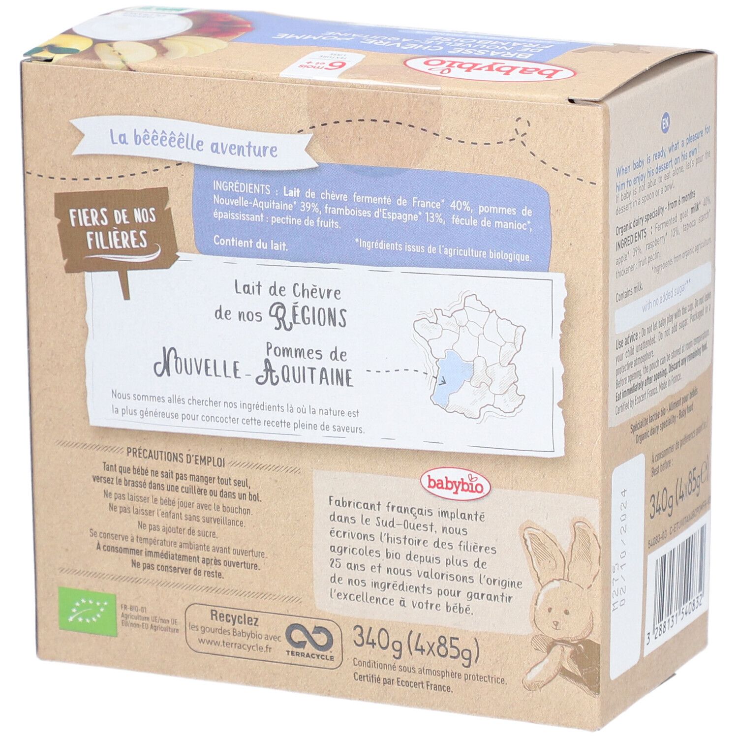 Dos de la boîte Babybio. Ingrédients, origine. Carte Nouvelle-Aquitaine. 340g (4x85g). Certification bio.