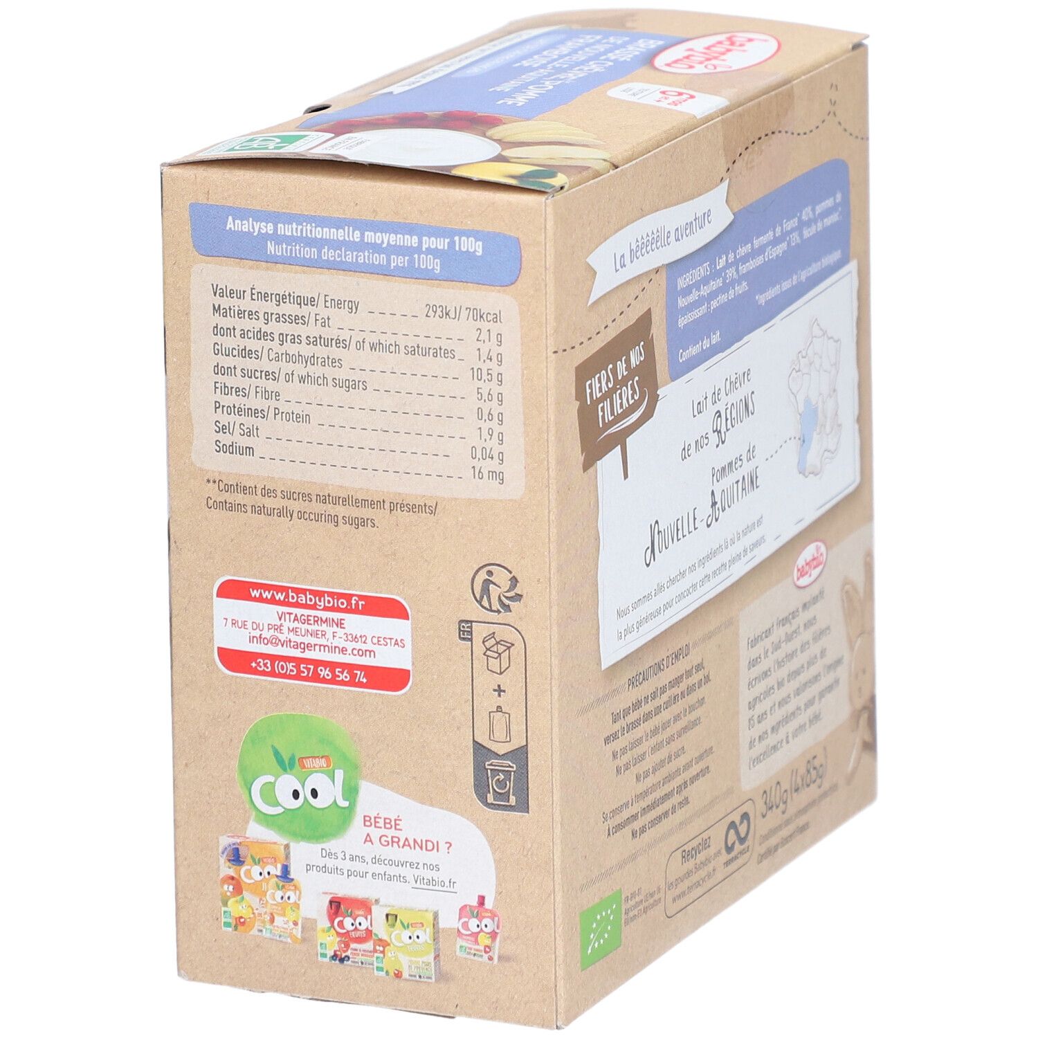 Côté de la boîte Babybio. Informations nutritionnelles. Adresse Babybio. Logo Cool. Certification bio.