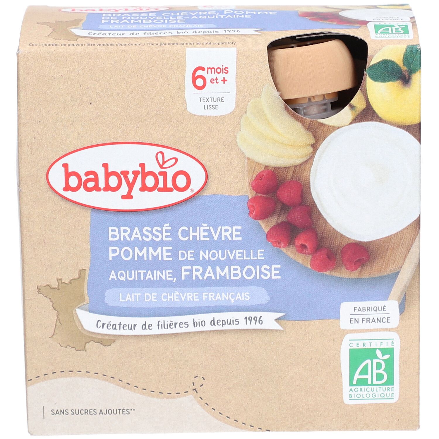 Boîte Babybio. BRASSÉ CHÈVRE POMME DE NOUVELLE-AQUITAINE FRAMBOISE. 6+ mois. Texture lisse. Certification AB.