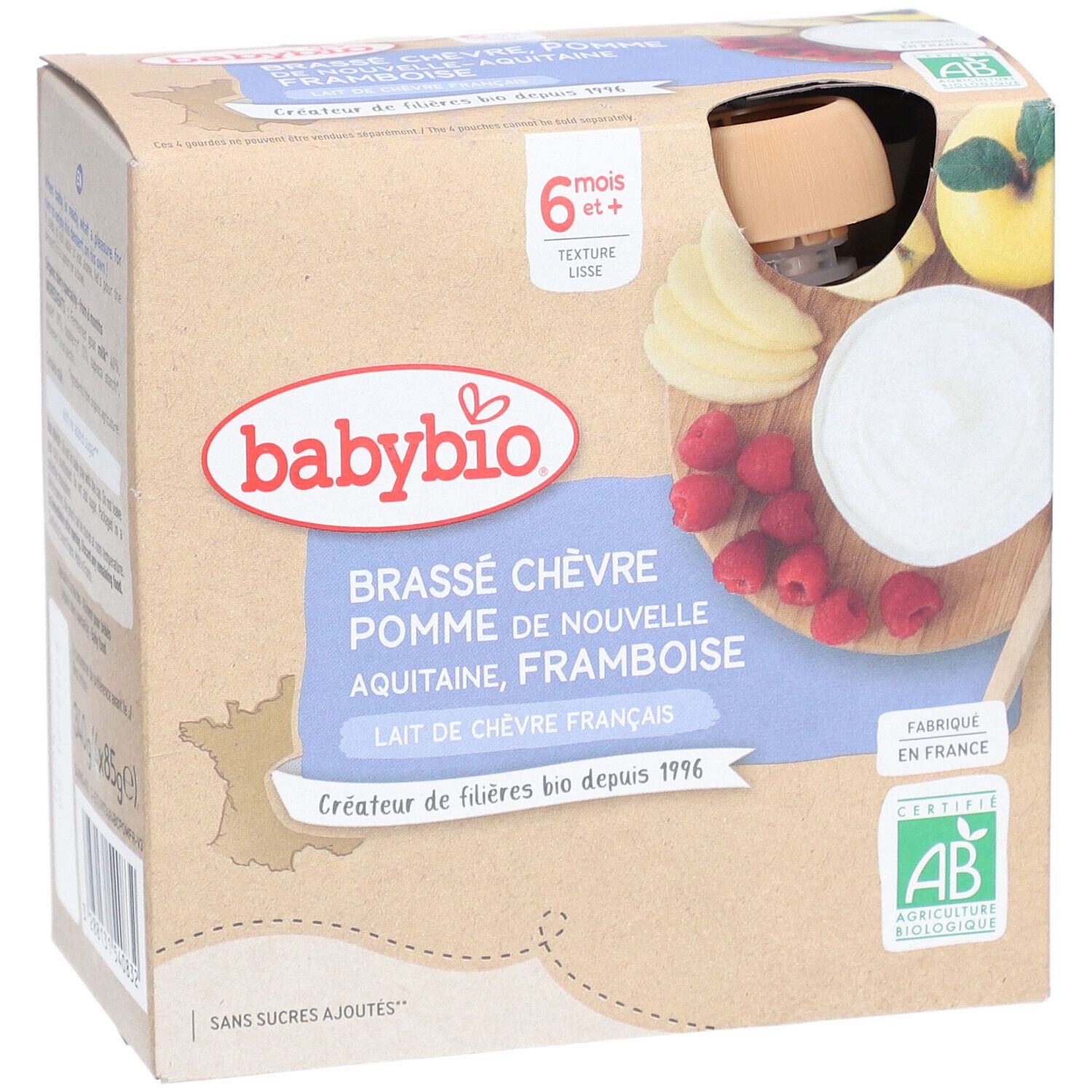 Boîte Babybio. BRASSÉ CHÈVRE POMME DE NOUVELLE-AQUITAINE FRAMBOISE. 6+ mois. Certification AB. Sans sucres ajoutés.
