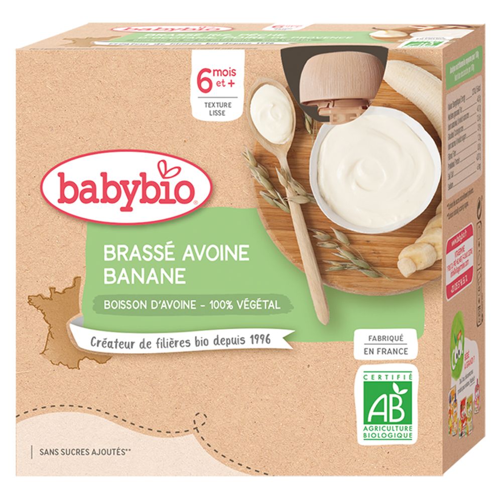 Boîte Babybio "Brassé Avoine Banane". Certification bio. 6 mois+. Drapeau français.