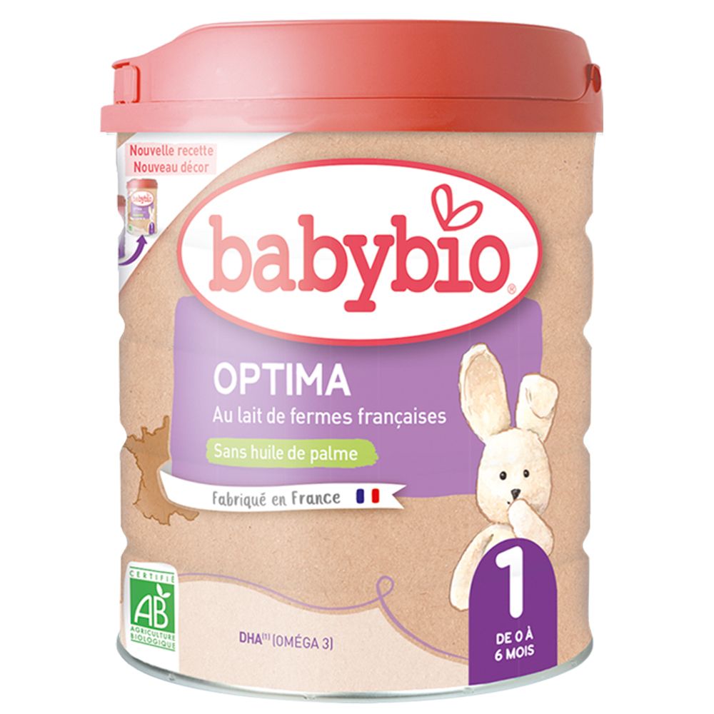 Boîte de lait en poudre Babybio Optima 1. Couvercle rouge, fond marron, étiquette violette. Lapin et drapeau français.
