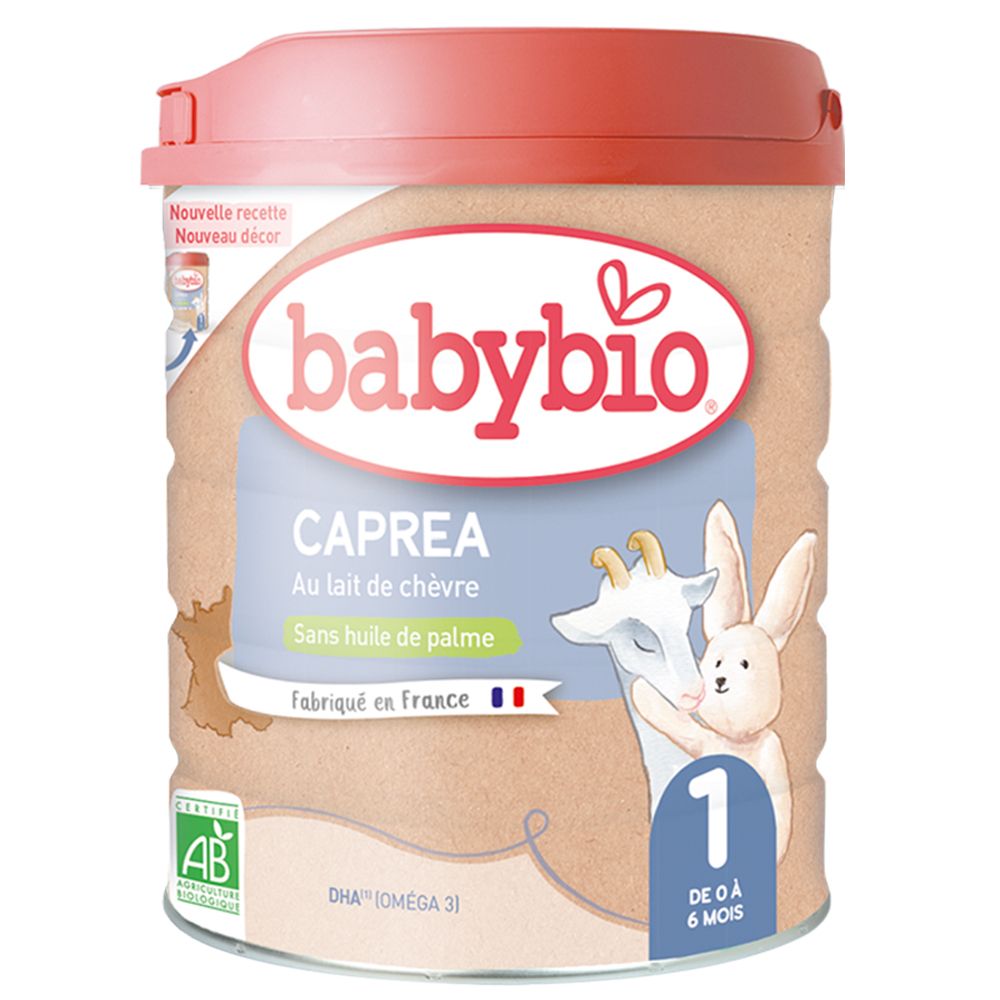 Boîte de lait infantile Babybio Caprea 1. Lait de chèvre, sans huile de palme. Illustration d'un lapin et d'une chèvre.