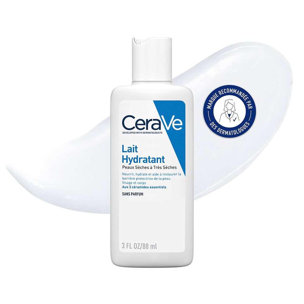 Flacon blanc CeraVe Lait Hydratant. Accents bleus. Recommandé par les dermatologues. 88 ml.