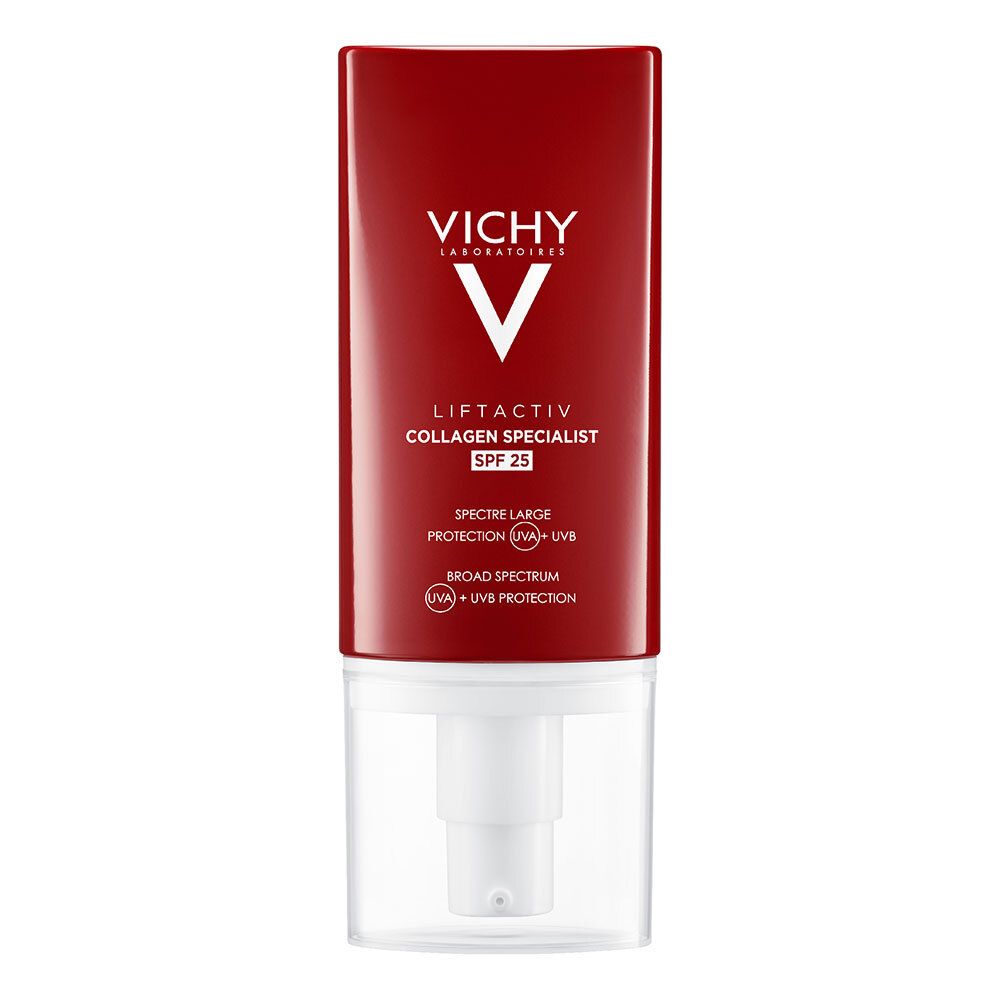 Rote Tube mit weißem Spender. Vichy-Logo und Produktbezeichnung. SPF 25.