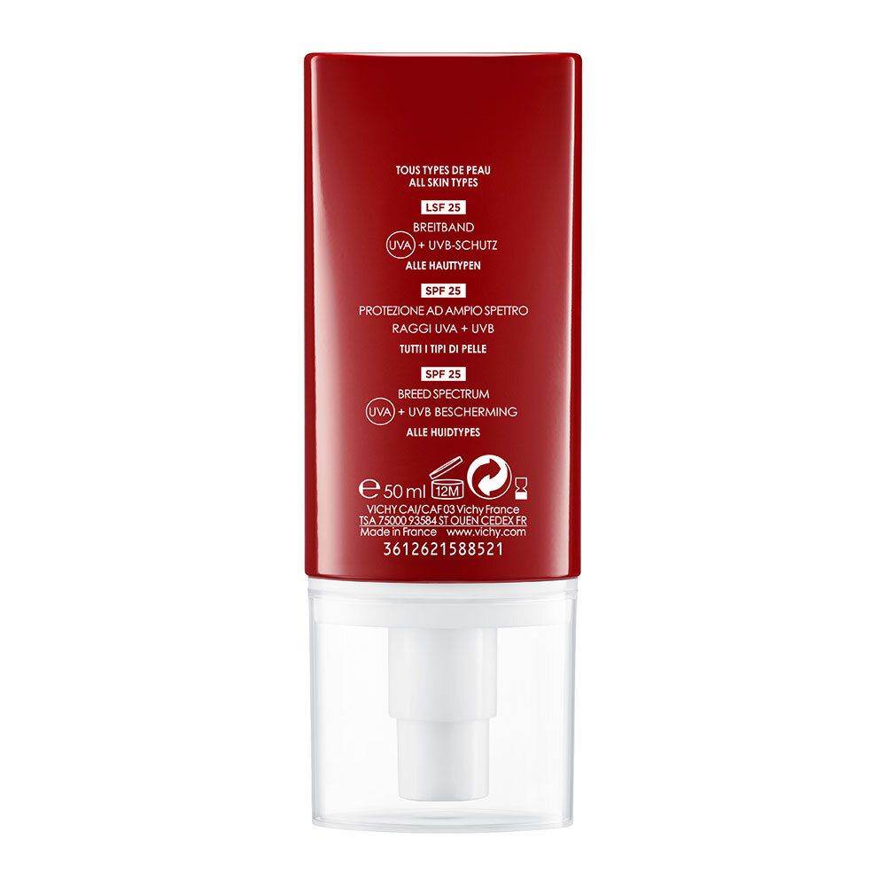 Rückseite der roten Tube. Text in mehreren Sprachen. SPF 25, UVA/UVB-Schutz.