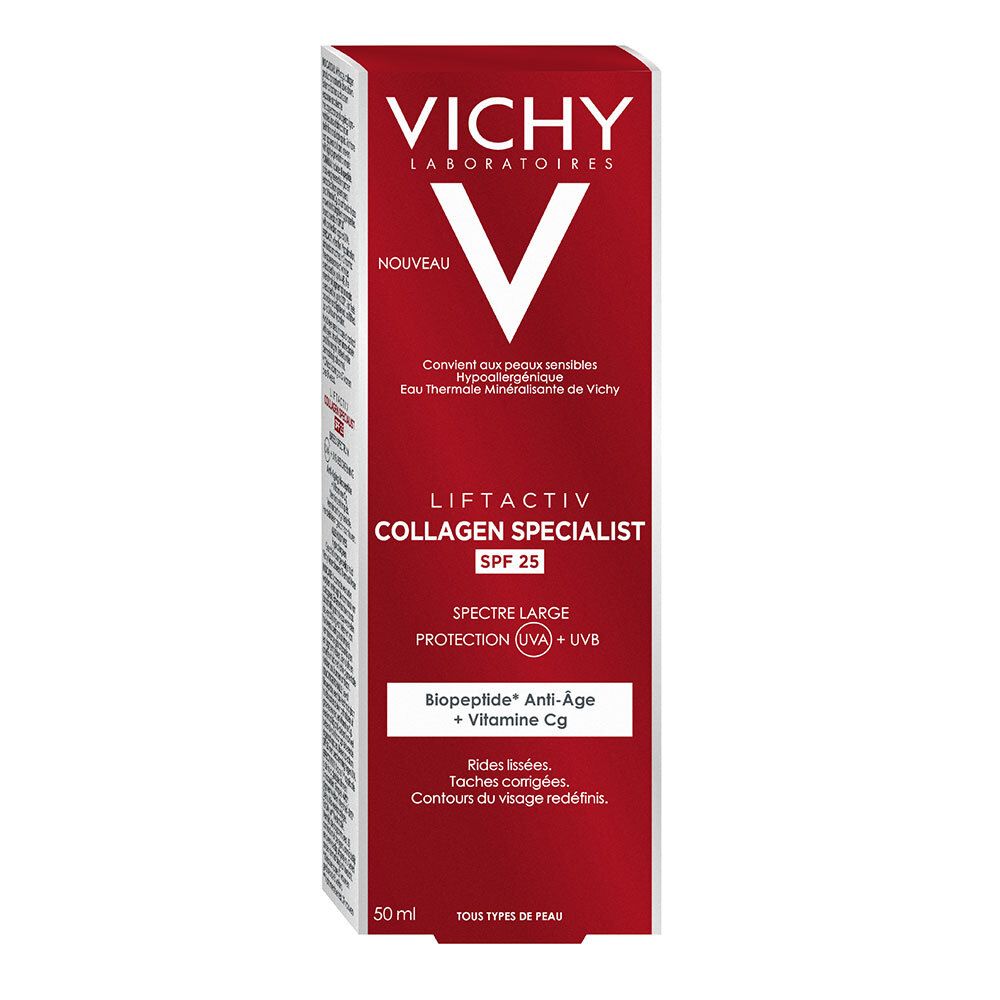 Produktverpackung. Rote Schachtel mit Vichy-Logo und Produktbezeichnung. SPF 25.