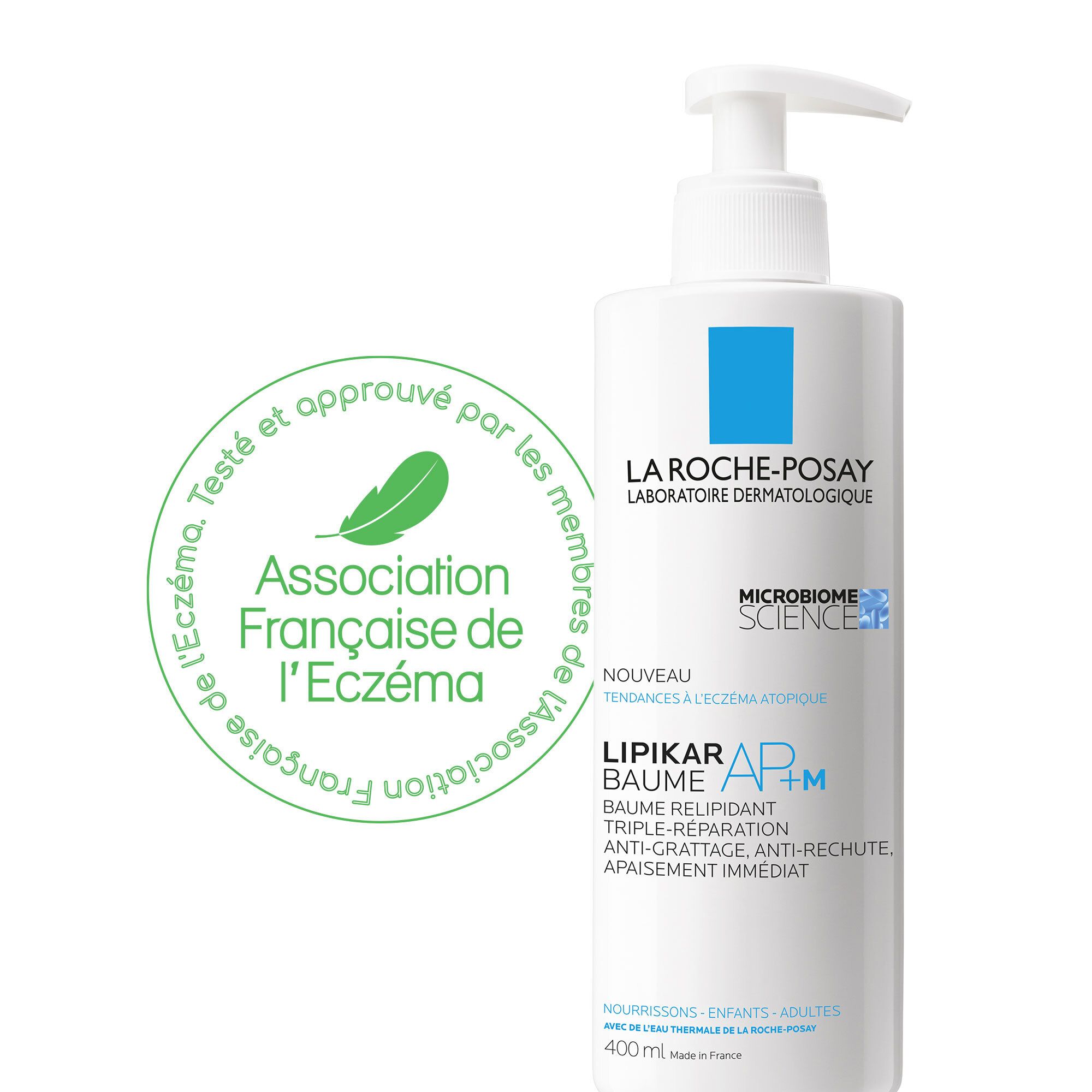 Flacon LA ROCHE-POSAY LIPIKAR BALM AP+M avec logo Association Française de l'Eczéma.