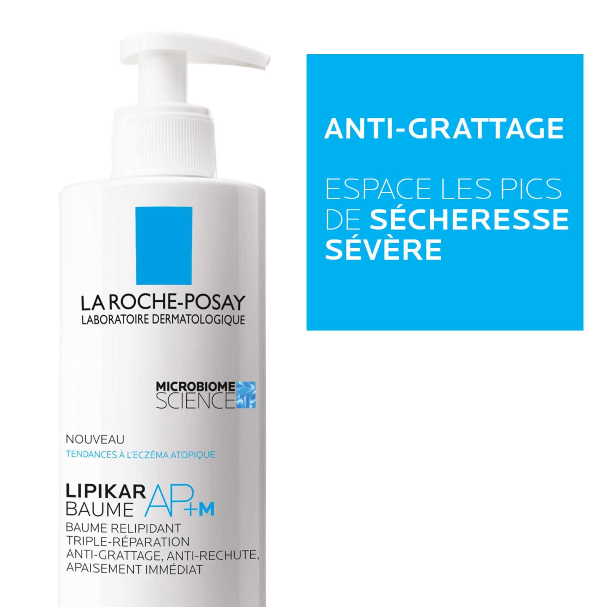 Flacon LA ROCHE-POSAY LIPIKAR BALM AP+M. Boîte texte bleue avec 'ANTI-GRATTAGE'.