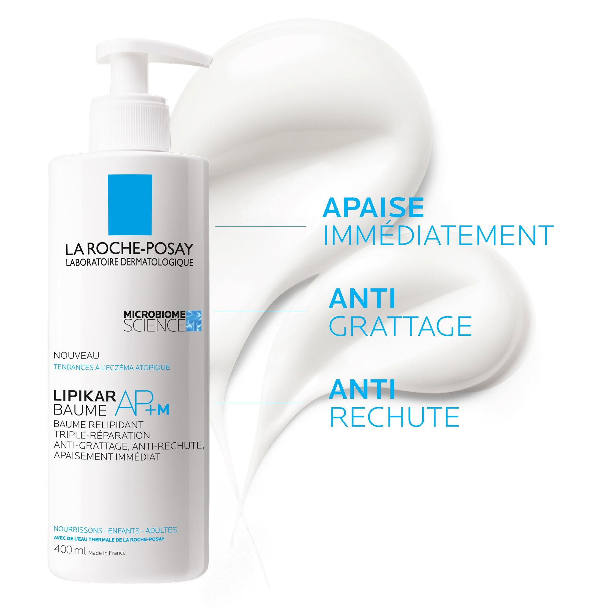 Flacon LA ROCHE-POSAY LIPIKAR BALM AP+M avec stries blanches et texte.