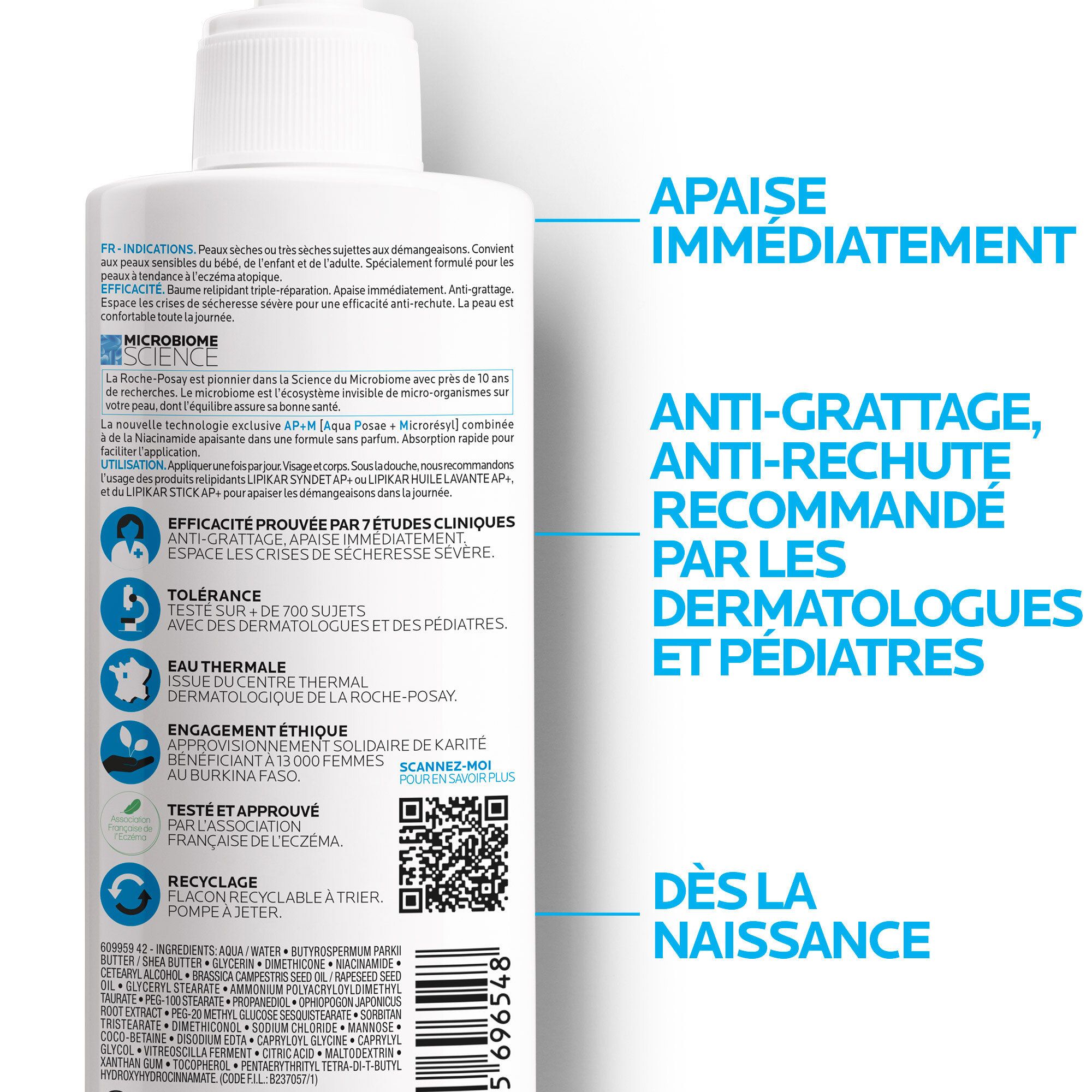 Dos du flacon LA ROCHE-POSAY LIPIKAR BALM AP+M. Texte et logos.