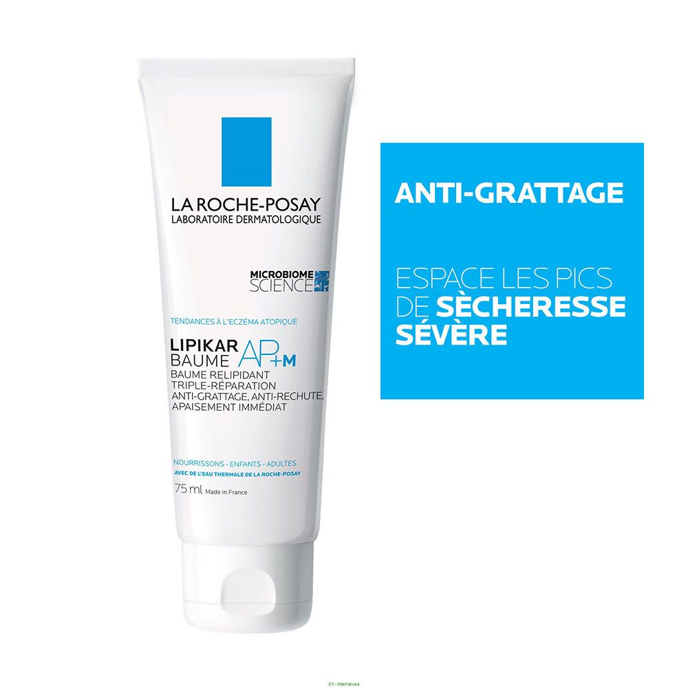 Tube avec logo bleu et texte. Inscription: LIPIKAR BAUME AP+M. Zone de texte: ANTI-GRATTAGE.