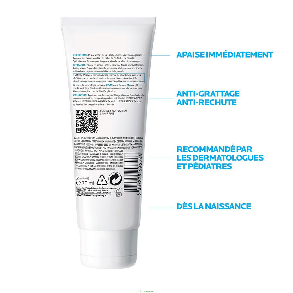 Dos du tube avec texte. Inscription: ANTI-GRATTAGE, RECOMMANDÉ PAR LES DERMATOLOGUES.