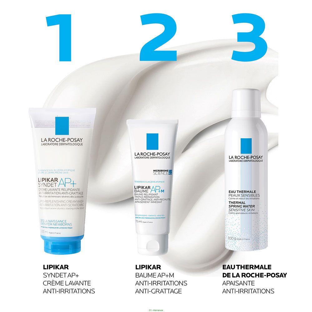 Trois produits côte à côte. LIPIKAR SYNDET AP+, LIPIKAR BAUME AP+M, EAU THERMALE DE LA ROCHE-POSAY.