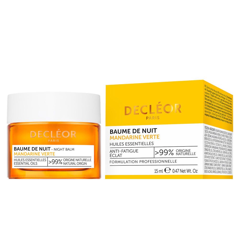 Emballage produit avec pot et boîte. Inscription Decléor Paris, Baume de Nuit, Mandarine Verte.
