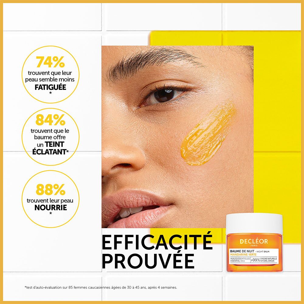 Visage d'une femme avec produit sur la peau. Texte : Decléor, Baume de Nuit, Mandarine Verte.