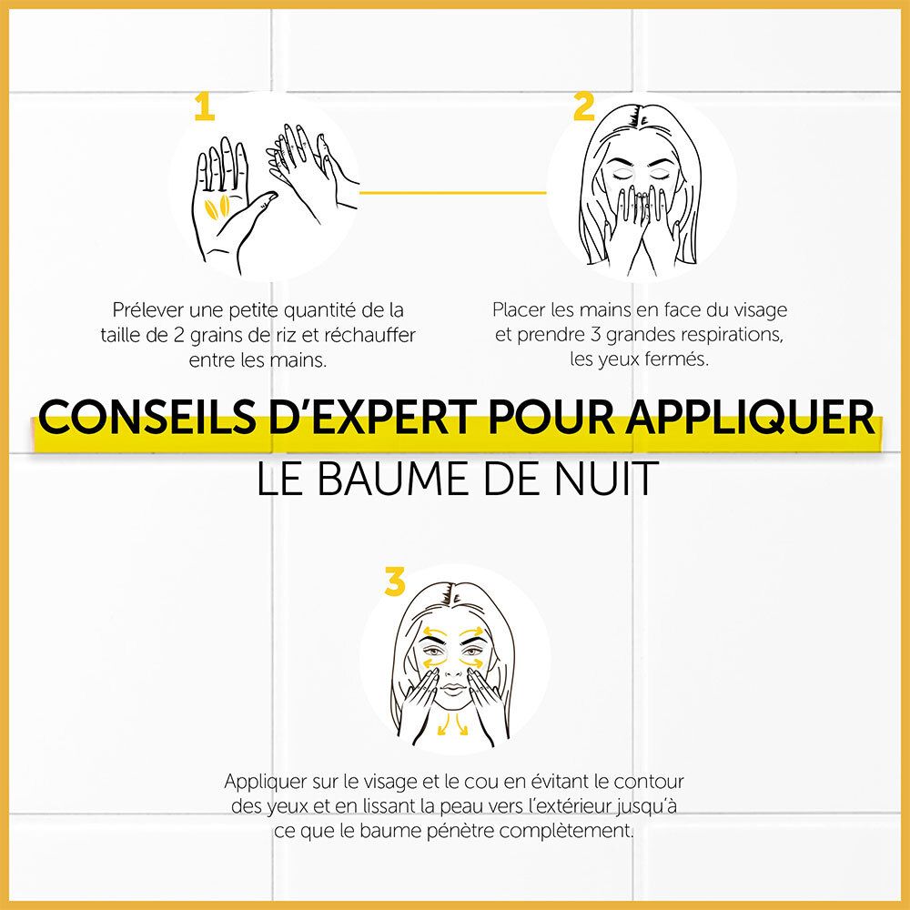 Conseils d'utilisation du produit. Étapes 1-3. Texte : Decléor, Baume de Nuit.