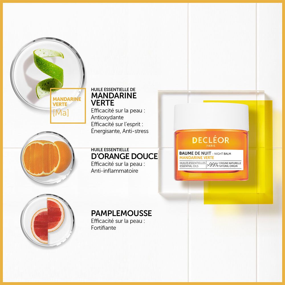 Produit avec ingrédients. Decléor, Baume de Nuit, Mandarine Verte. Texte et illustrations.