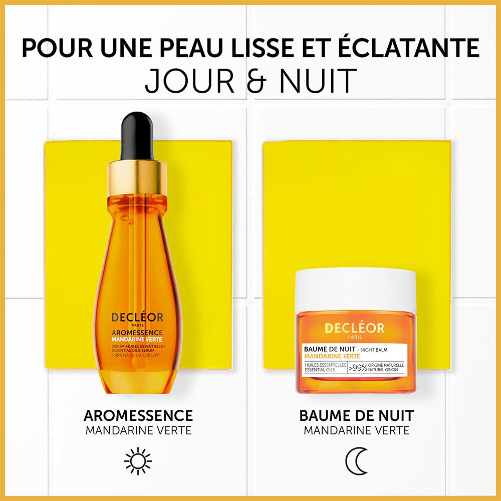 Deux produits. Decléor Aromessence et Baume de Nuit. Texte : Mandarine Verte.