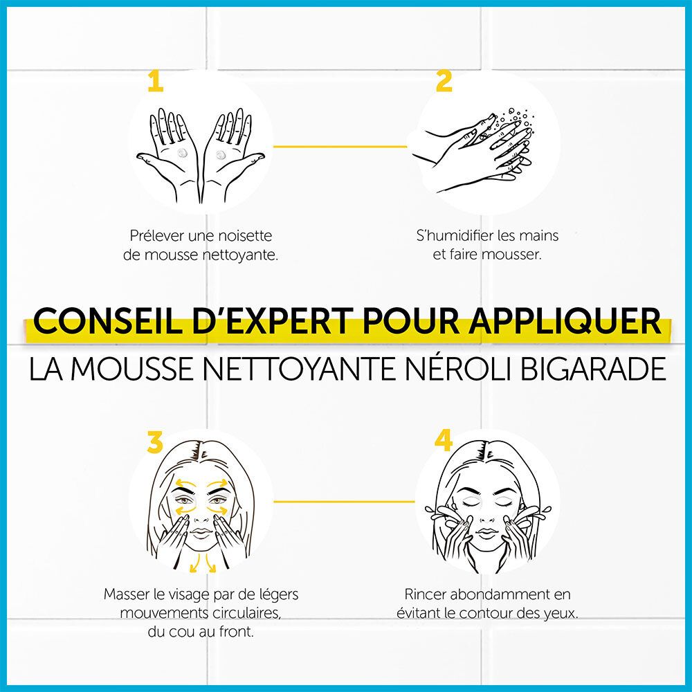 Conseils d'expert pour appliquer la mousse nettoyante. 4 étapes: appliquer, mousser, masser, rincer.