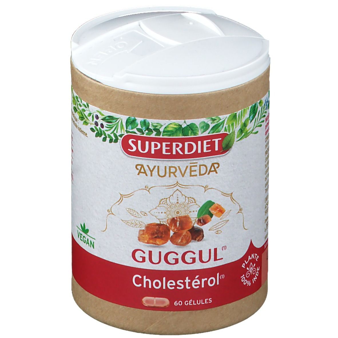 Boîte cylindrique avec couvercle blanc. Inscription SUPERDIET Ayurvéda Guggul, Cholestérol. 60 gélules. Label Vegan.