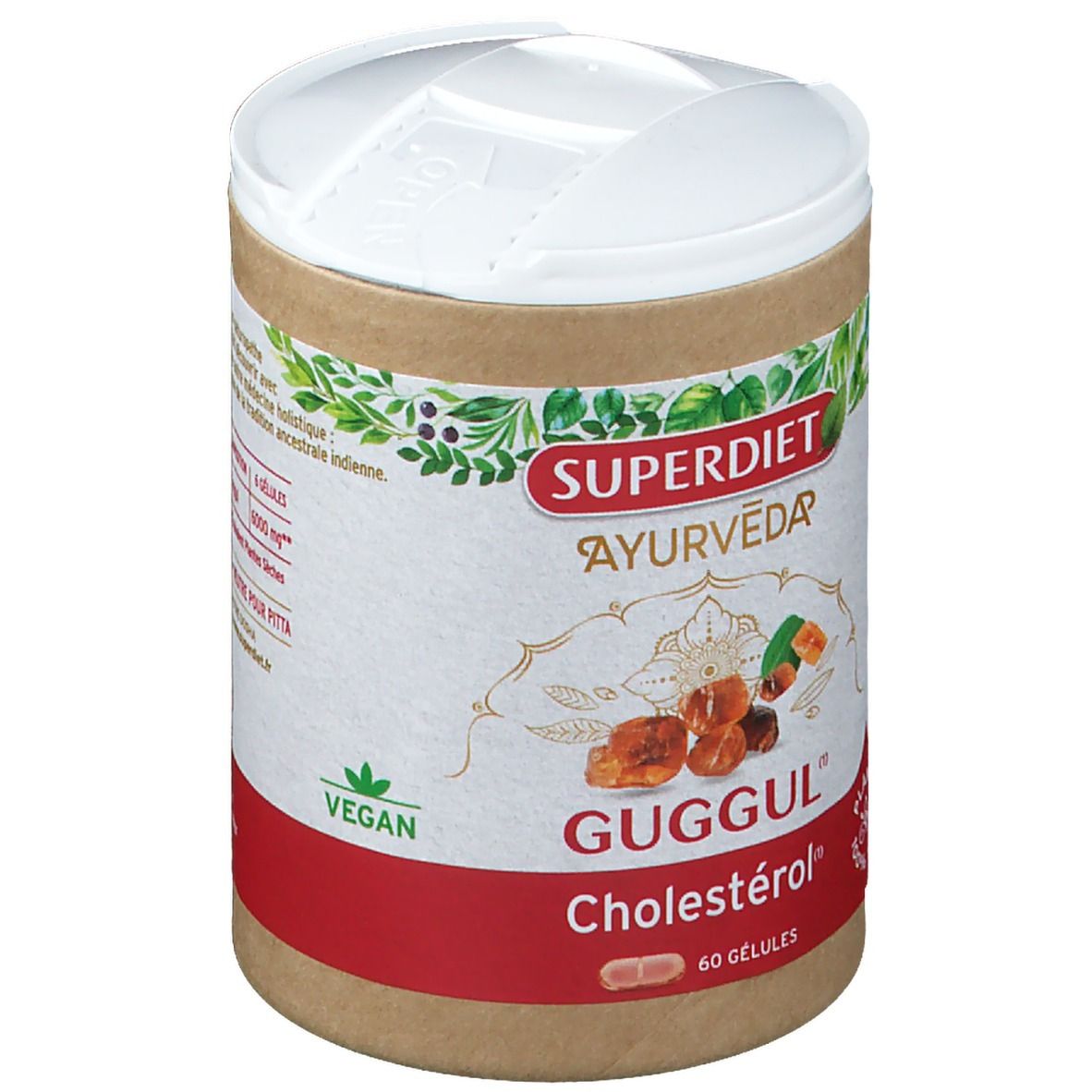 Boîte cylindrique avec couvercle blanc. Inscription SUPERDIET Ayurvéda Guggul, Cholestérol. 60 gélules. Label Vegan.