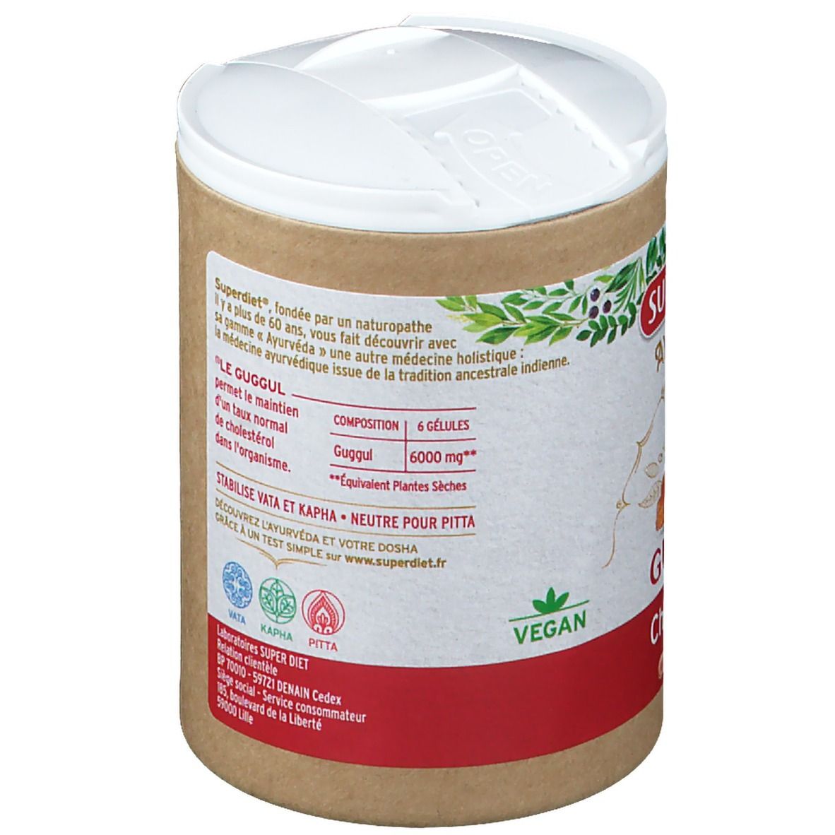 Dos de la boîte. Composition, informations sur SUPERDIET, label Vegan et labels de qualité.