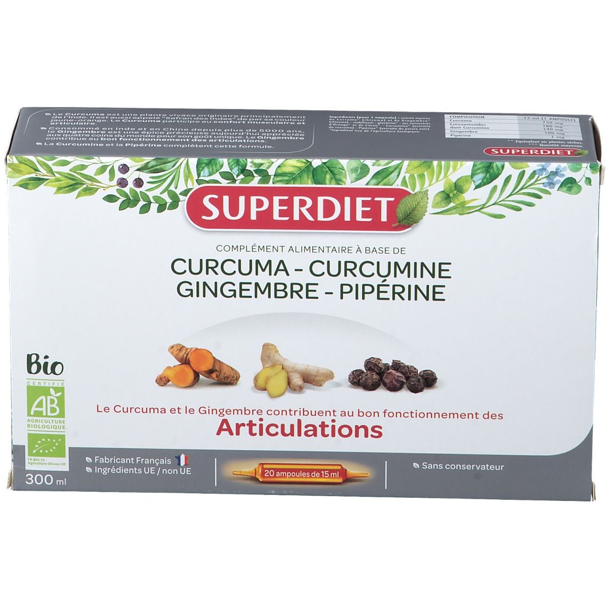 Boîte SUPERDIET. Inscription: Curcuma, Curcumine, Gingembre, Pipérine. Label Bio. 20 ampoules.