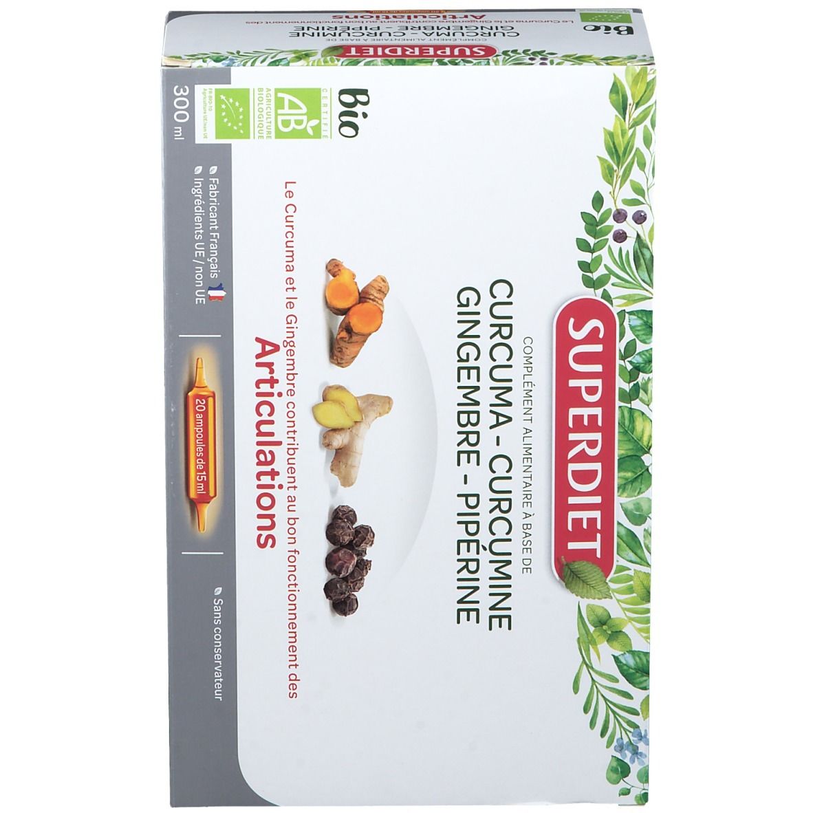 Boîte SUPERDIET. Inscription: Curcuma, Curcumine, Gingembre, Pipérine. Label Bio. 20 ampoules.