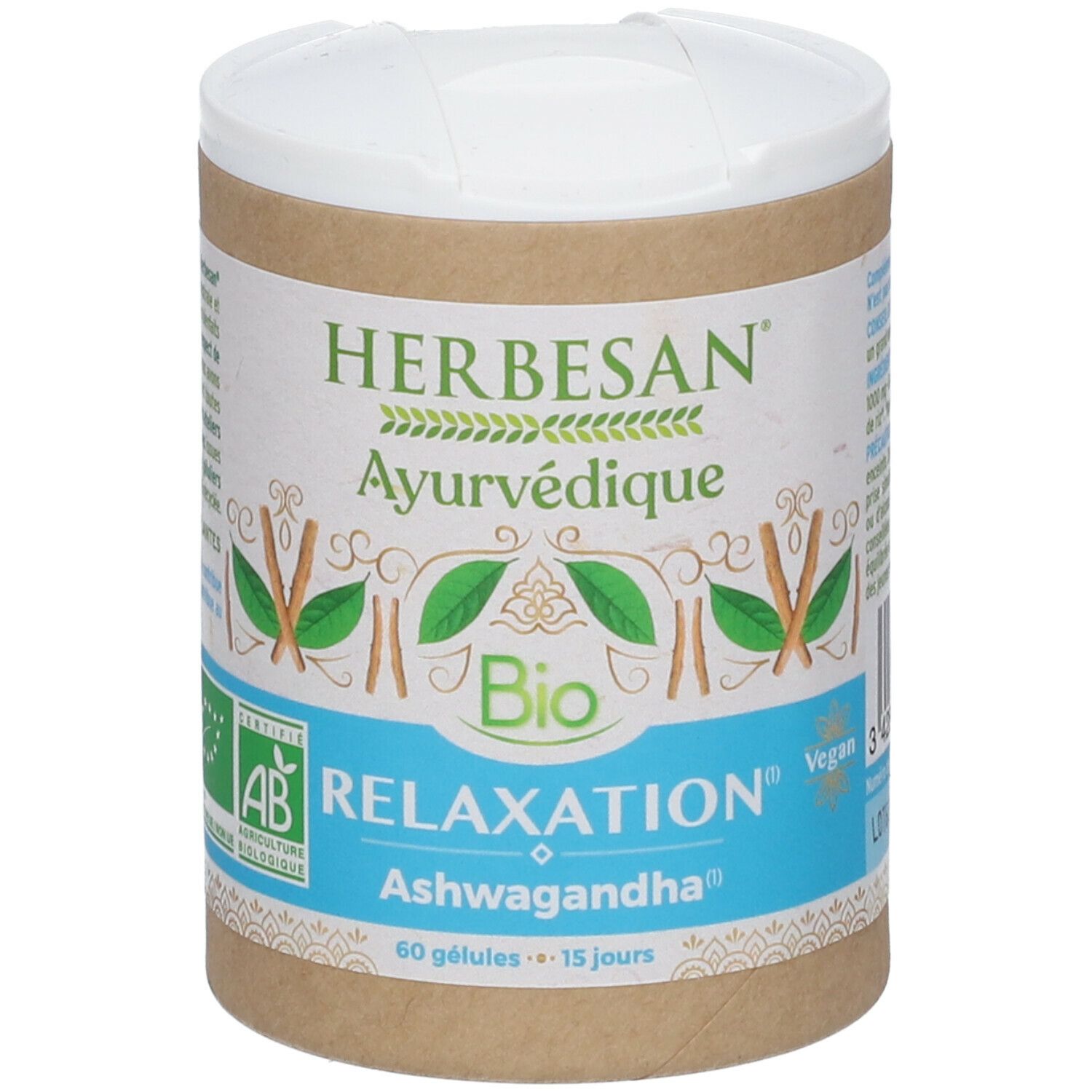 Boîte cylindrique avec étiquette. Inscription: HERBESAN Ayurvédique Bio RELAXATION Ashwagandha. Label AB.