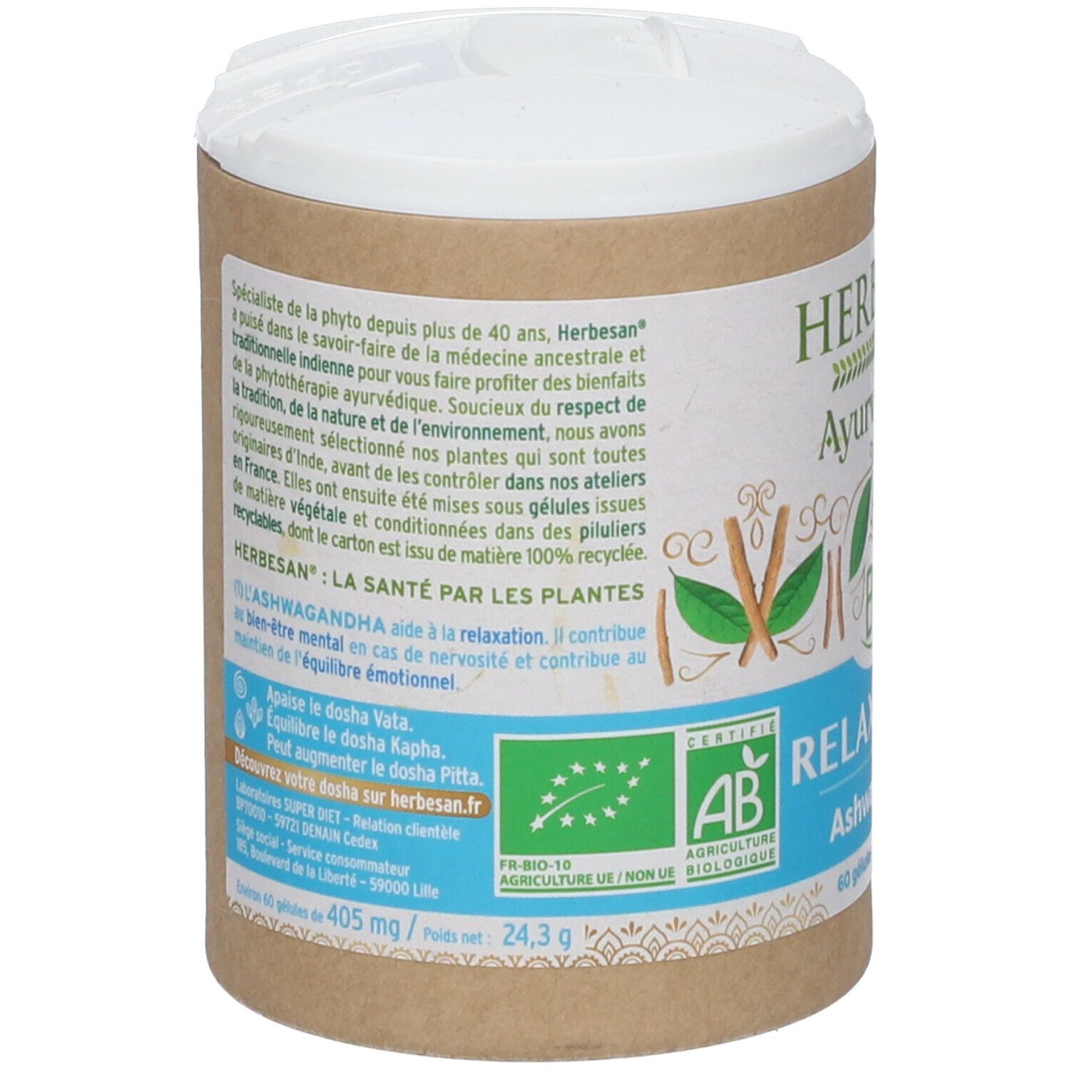 Dos de la boîte. Texte sur le produit et ses ingrédients. Label AB. Texte: HERBESAN: LA SANTÉ PAR LES PLANTES.
