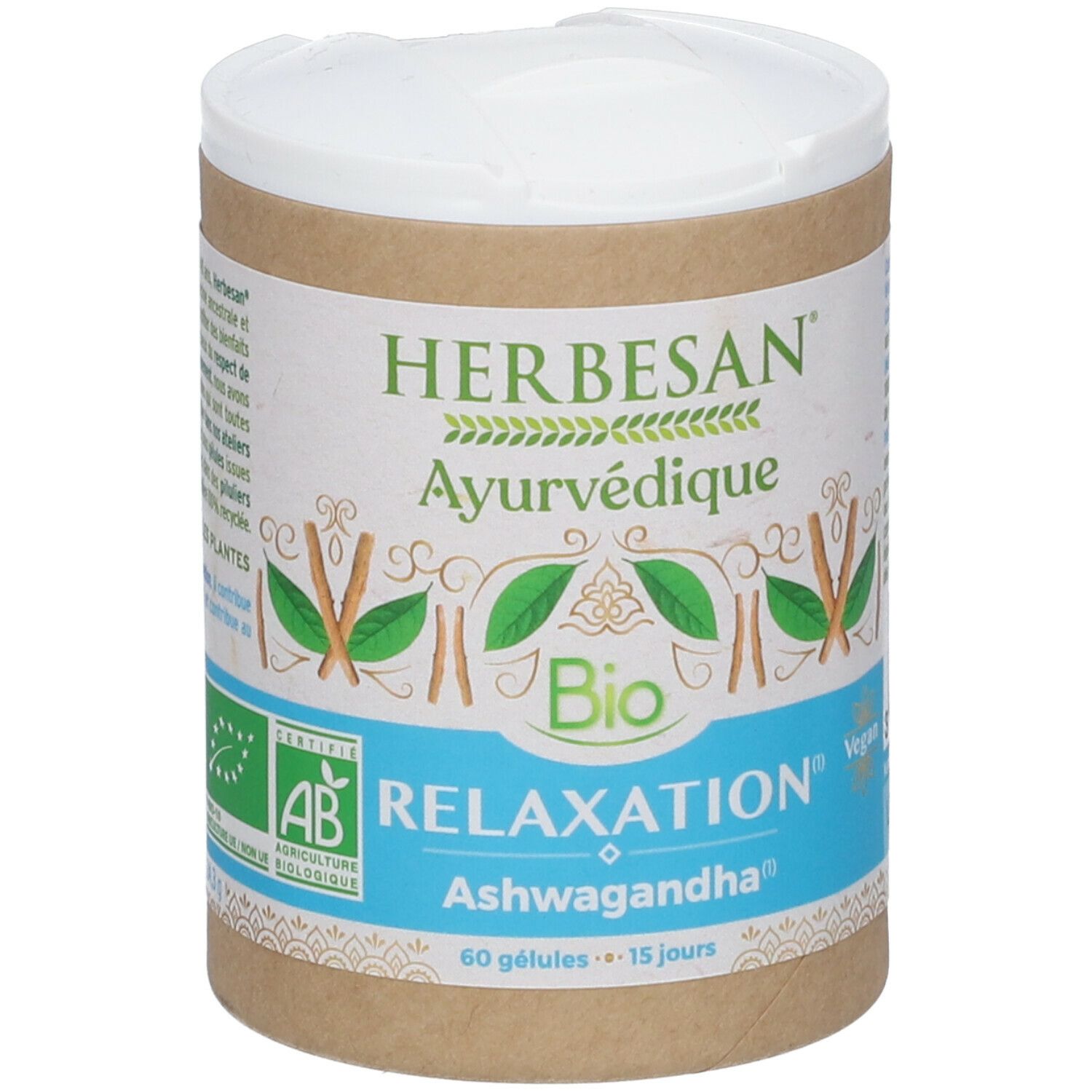 Boîte cylindrique avec étiquette. Inscription: HERBESAN Ayurvédique Bio RELAXATION Ashwagandha. Label AB.