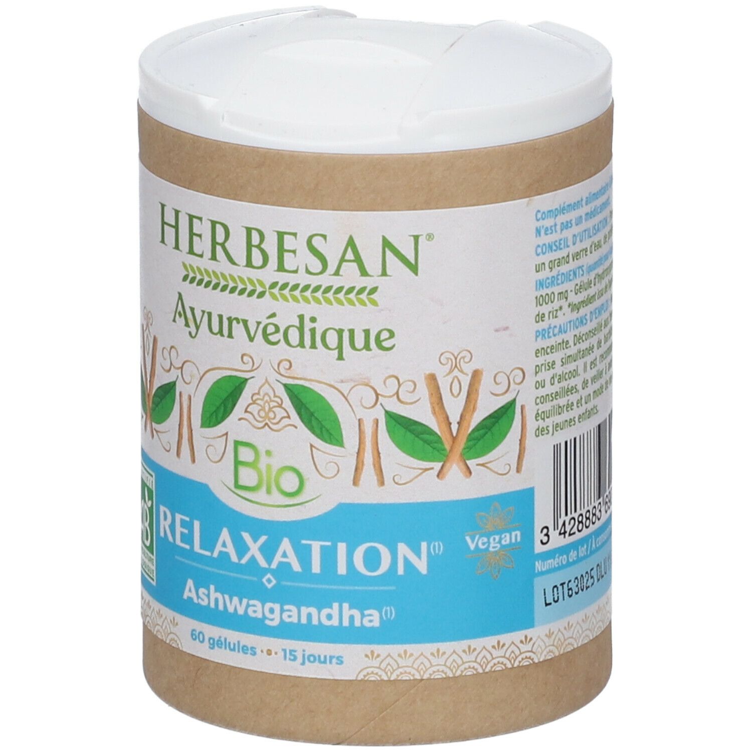 Boîte cylindrique avec étiquette. Inscription: HERBESAN Ayurvédique Bio RELAXATION Ashwagandha. Label AB. Logo Vegan.