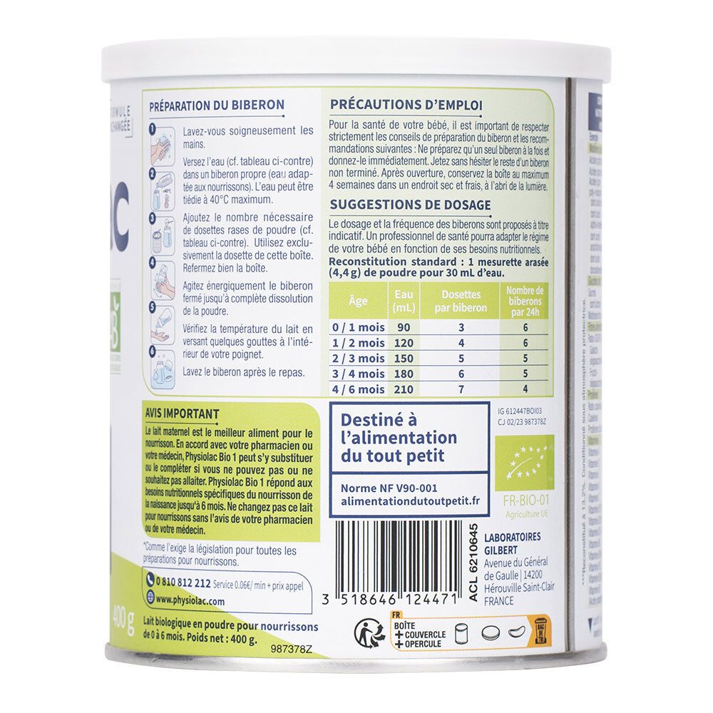 Dos de la boîte Physiolac Bio 1. Texte: Préparation, dosage, ingrédients. Label bio. 400g. Avertissements. Fabriqué en France.
