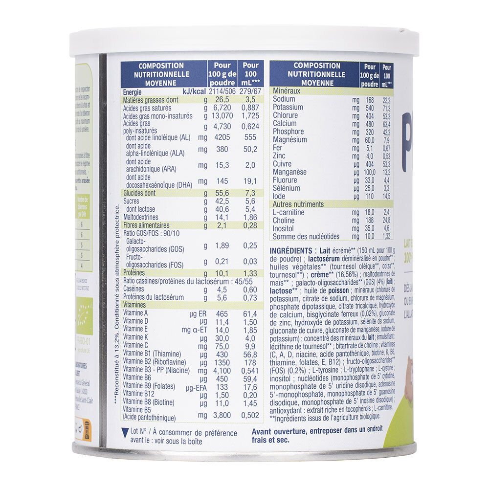 Détail des ingrédients de Physiolac Bio 1. Tableau nutritionnel. Liste des ingrédients. Texte en français. Label bio.