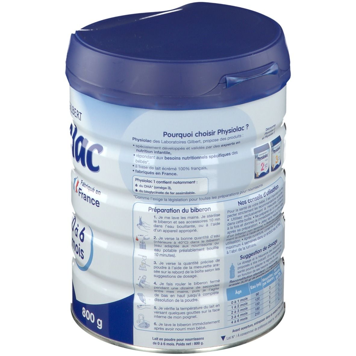 Boîte de lait infantile bleu et blanc. Texte: Physiolac, 800 g, jusqu'à 6 mois. Instructions de préparation au dos.
