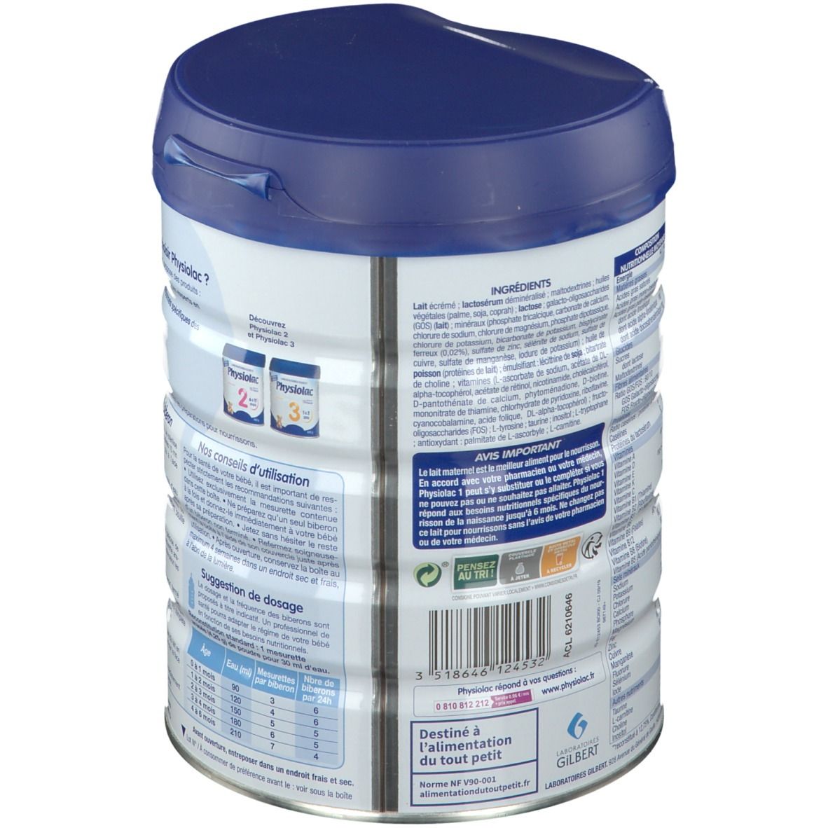Boîte de lait infantile bleu et blanc. Dos avec liste d'ingrédients et informations nutritionnelles. Texte: Physiolac.